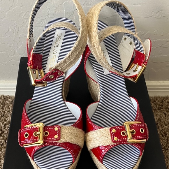 DSQUARED2 Lindoss Gloss Fiamma red buckle platform wedge sandals 39 - Picture 2 of 11